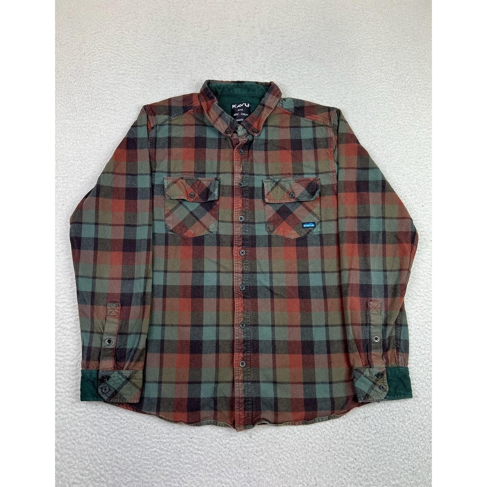 KAVU Shirt Mens XL Red Brown Plaid Flannel Long Sleeve Button Up Casual Soft